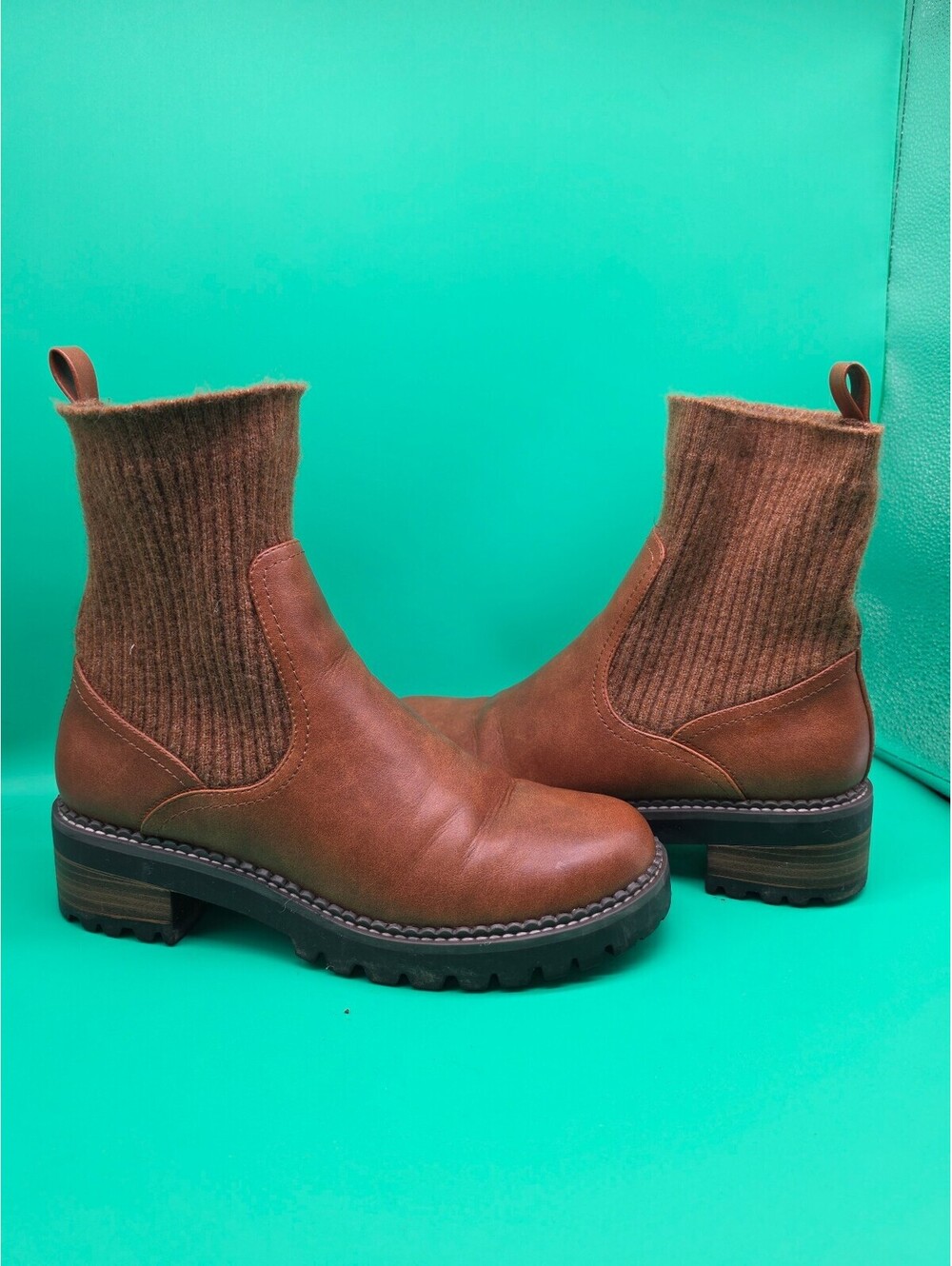 Universal Thread Women's Brown Leather Knit Sock Ankle Boots Lug Sole Size 11